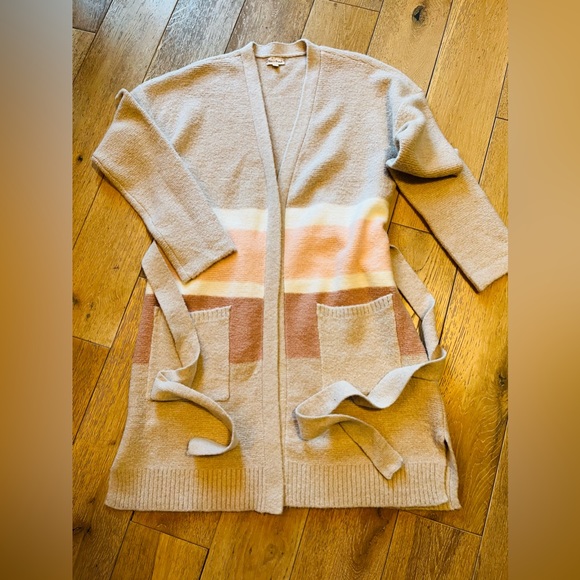 POEM & THREAD Long Cardigan Sweater Coat Open Front Belted Champagne Ivory/Pink - Picture 14 of 14